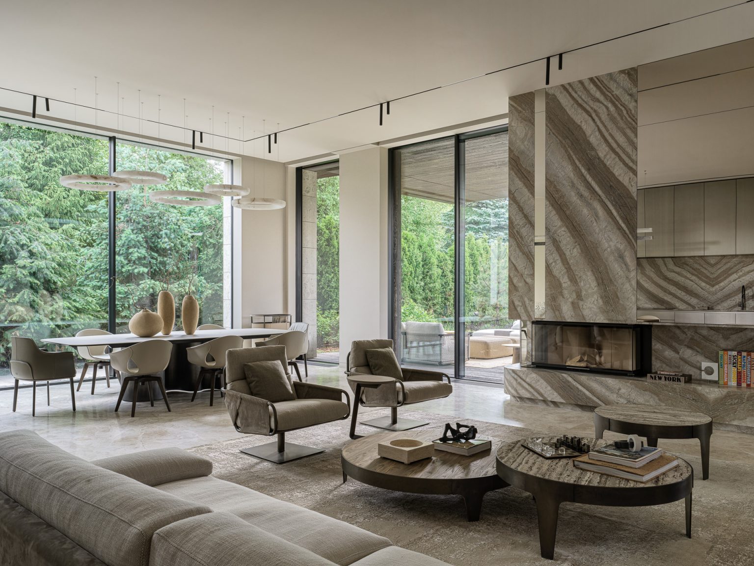 salon cheminée avec immenses baies vitrée panoramiques décoration contemporaine