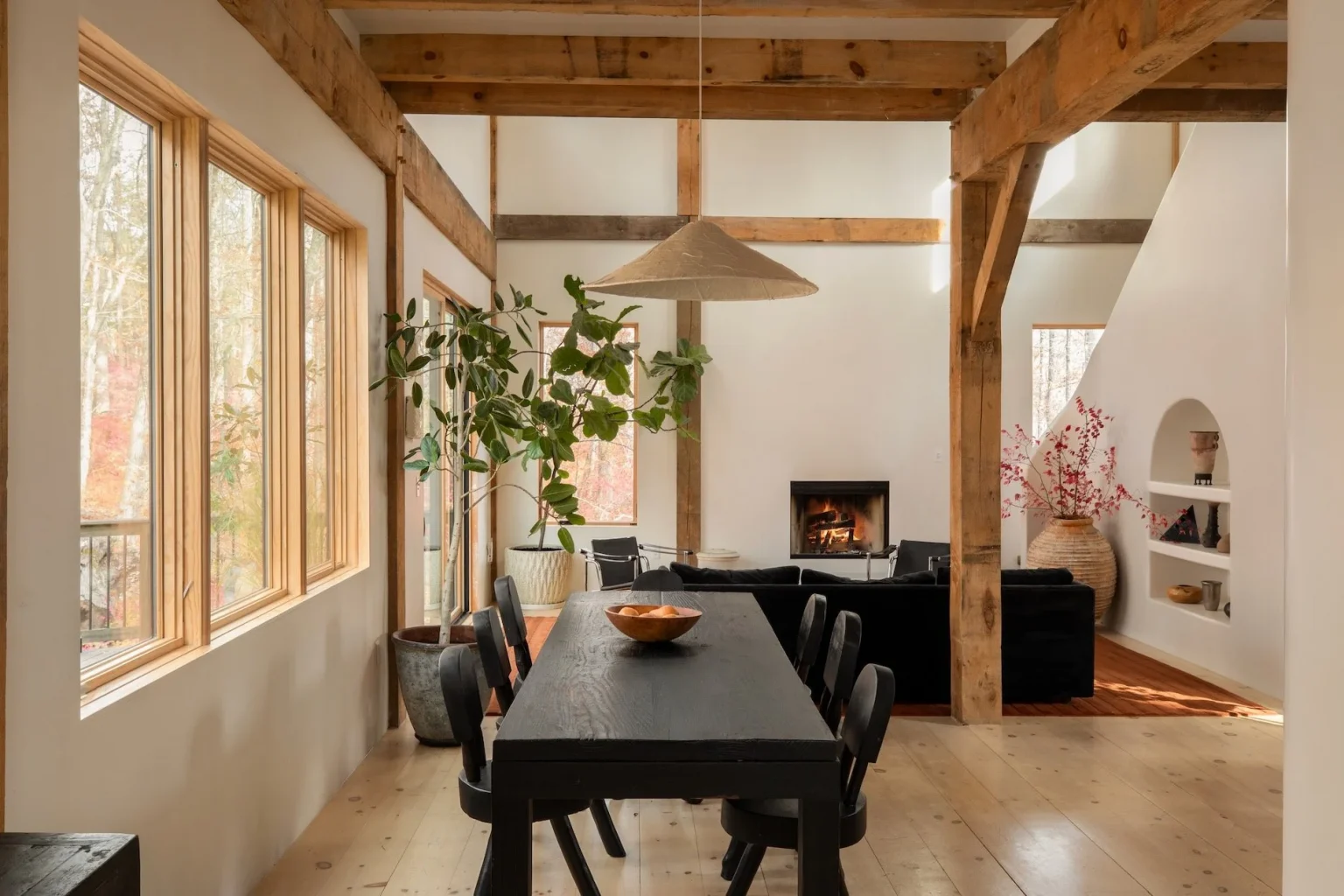 salon avec cheminée décoration contemporaine maison en bois dans la vallée de l'Hudson 