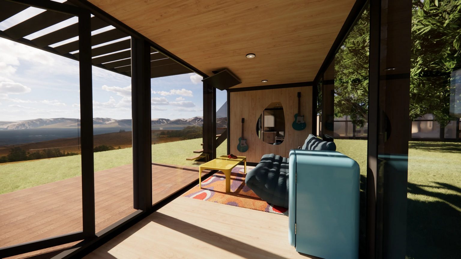 intérieur petite maison compacte 14m2 au design vitré par Elsewhere Pods