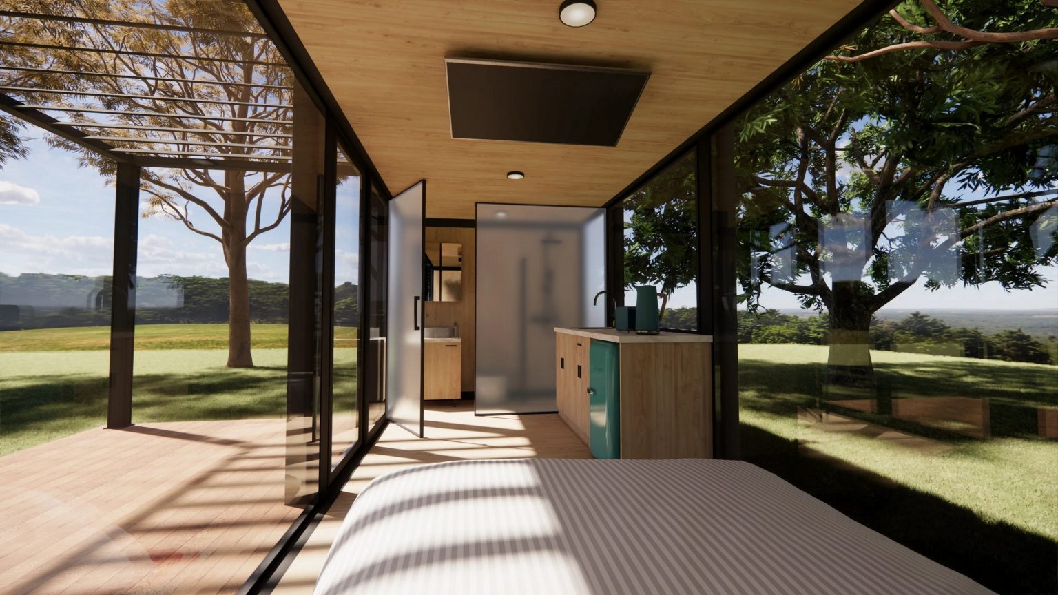 intérieur petite maison compacte 14m2 au design vitré par Elsewhere Pods