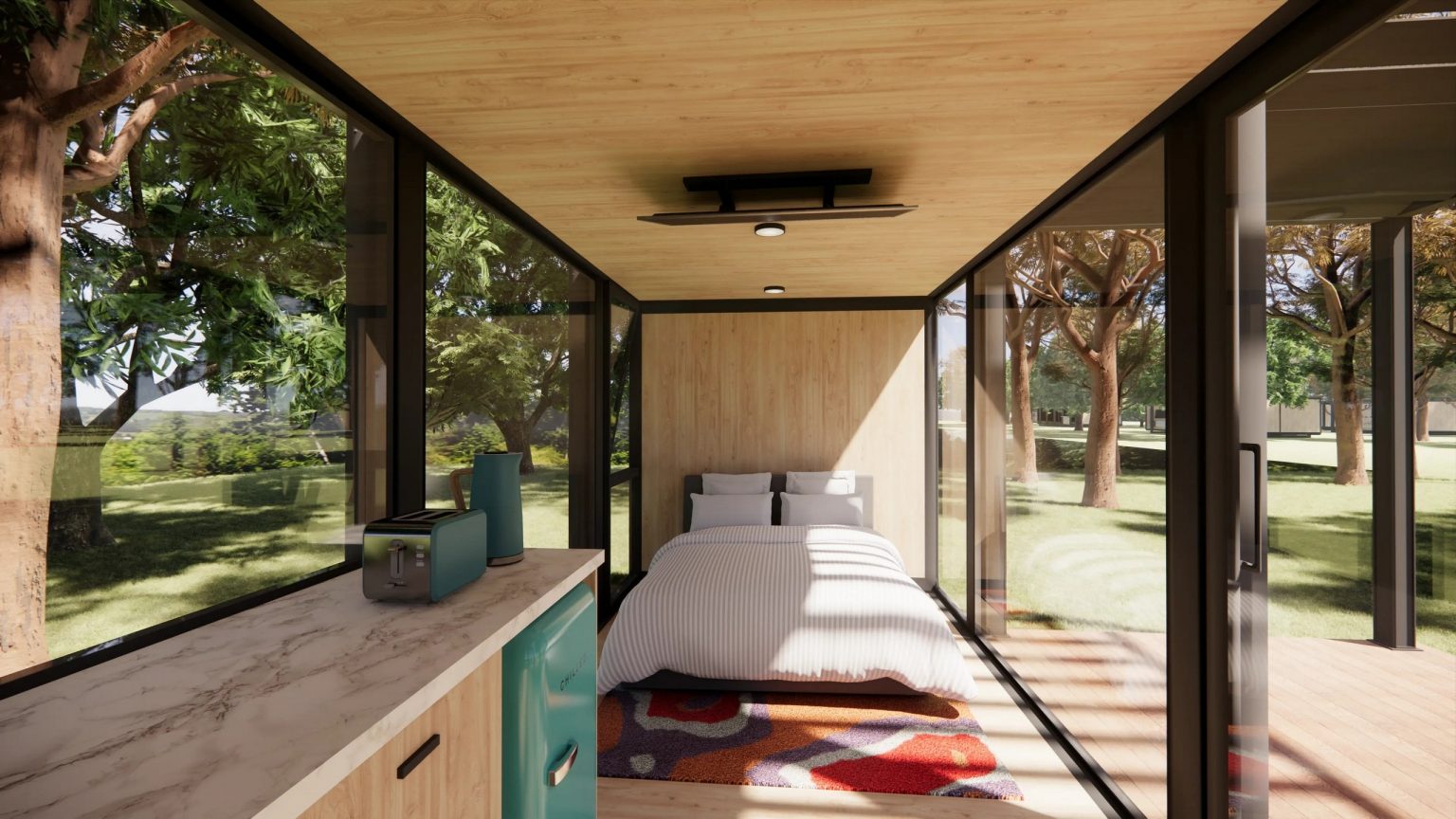 intérieur petite maison compacte 14m2 au design vitré par Elsewhere Pods