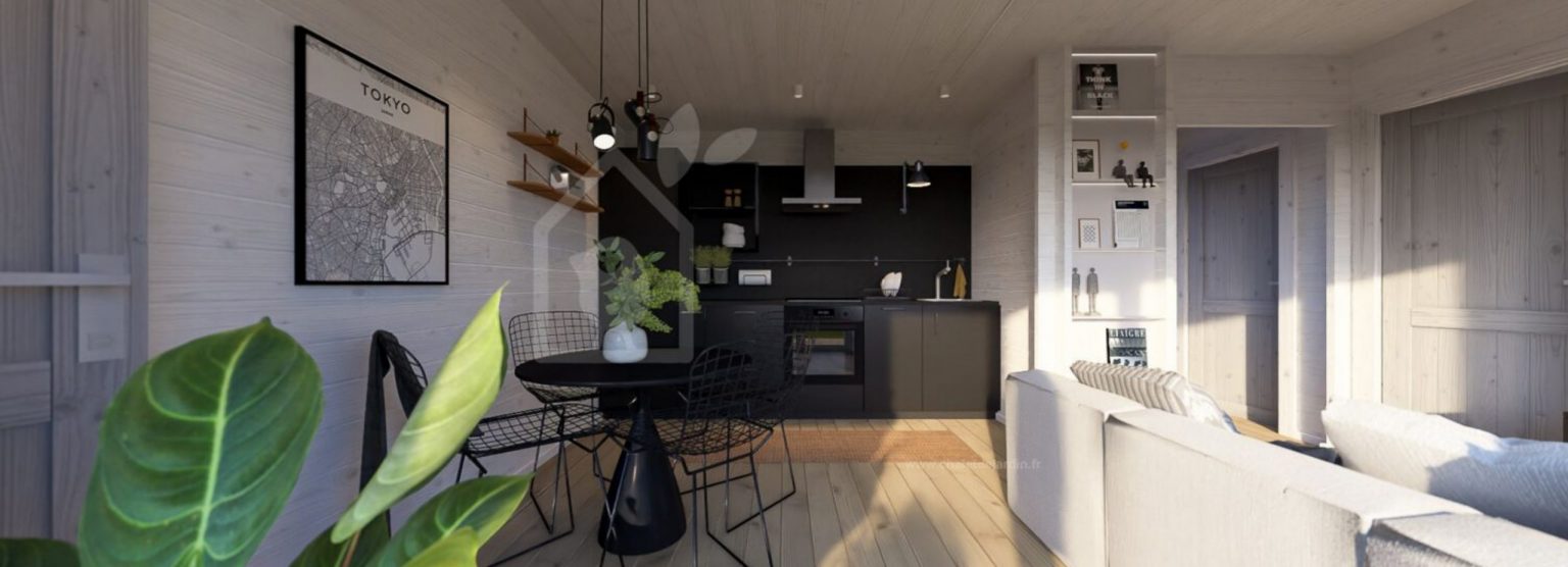 salon et cuisine petite maison en bois contemporaine de 42m2 par Chalet de Jardin