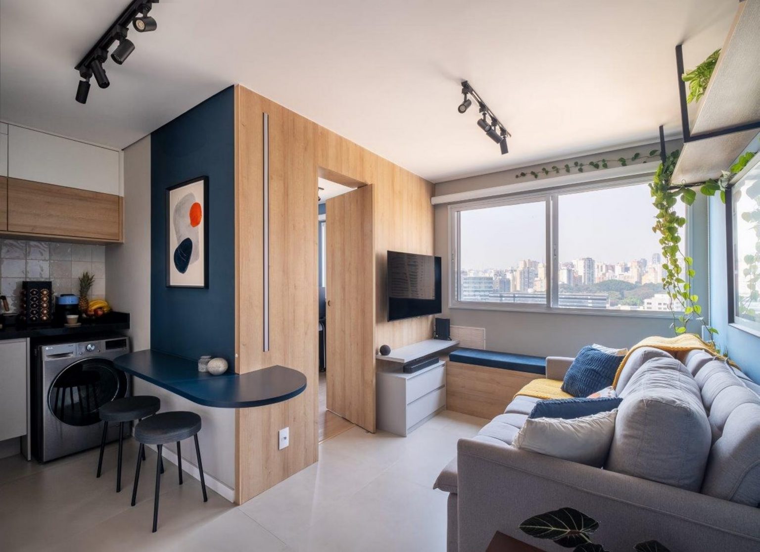 salon avec cuisine ouverte décoration design deux-pièces 35m2