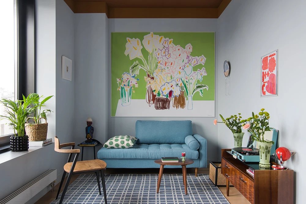 salon studio 42m2 vintage et coloré
