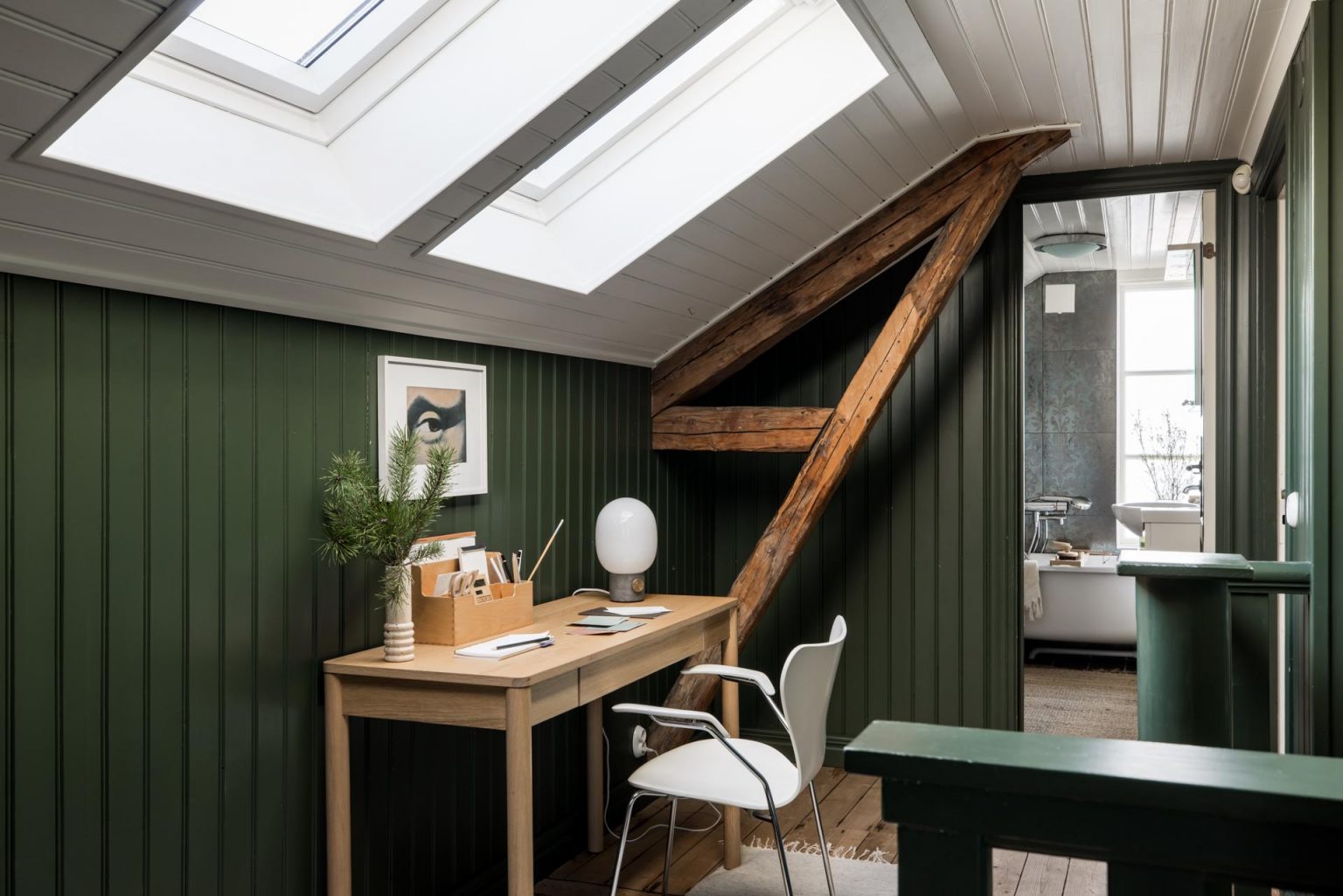 palier avec velux murs vert sapin décoration scandinave