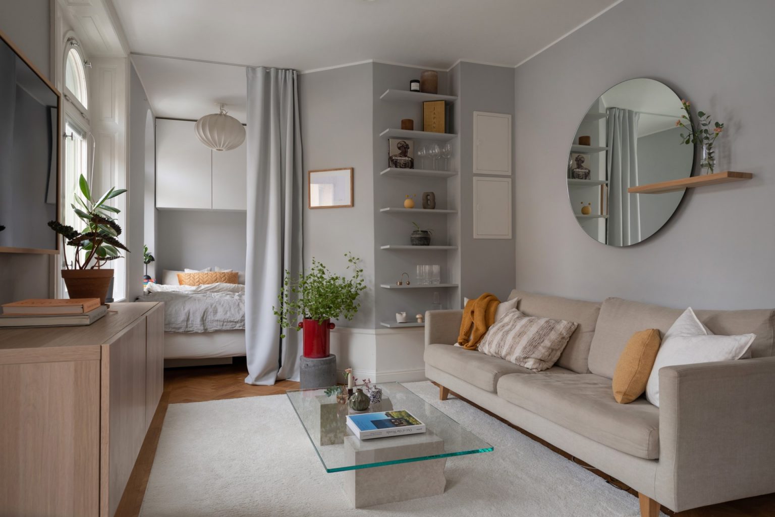 salon et chambre murs gris studio 34m2 dans immeuble ancien décoration scandinave