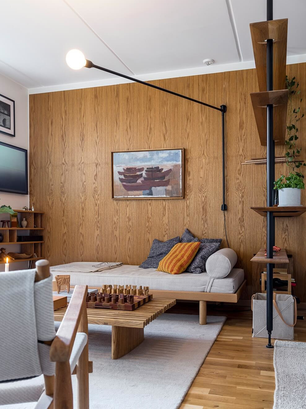 salon mur bois deux-pièces de 46m2 style Japandi