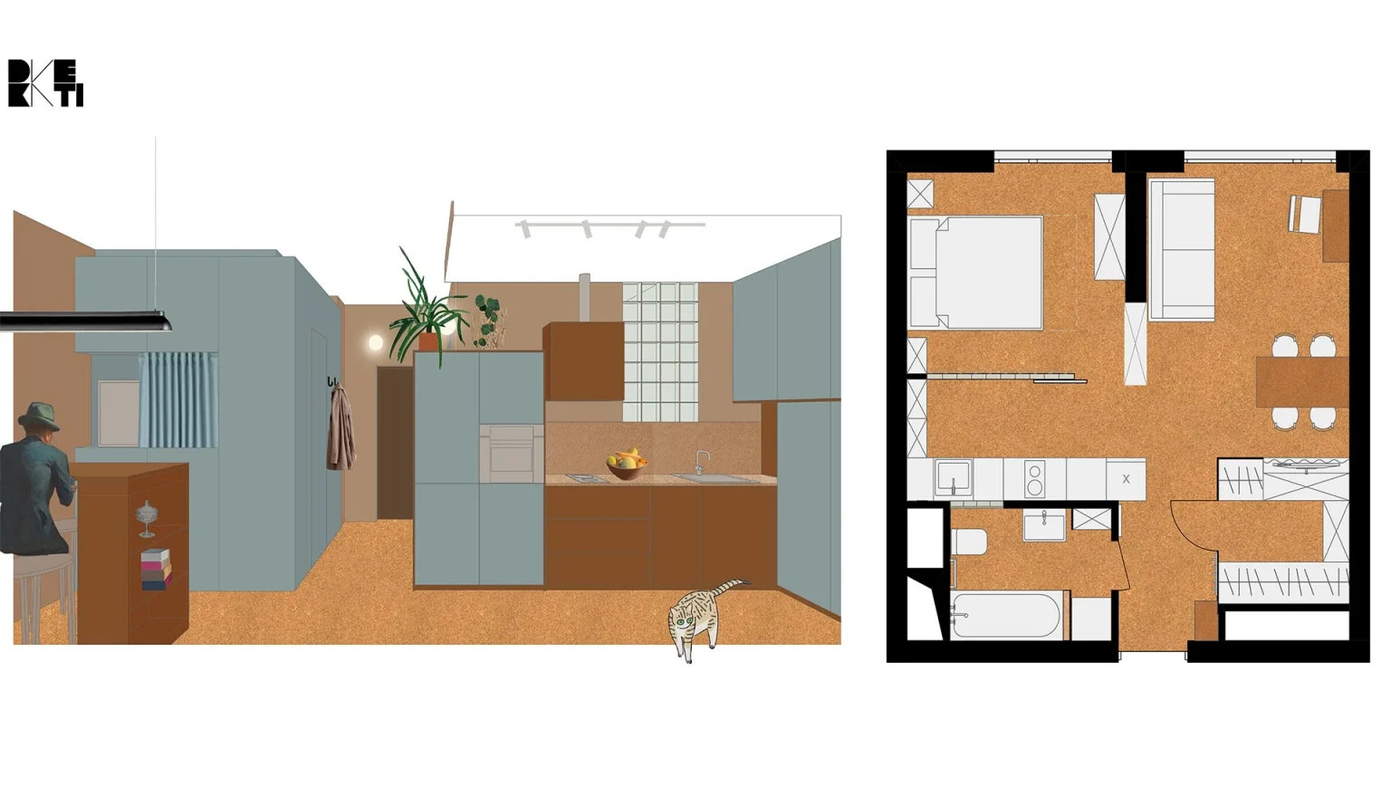 plan studio 41m2 transformé en un deux-pièces