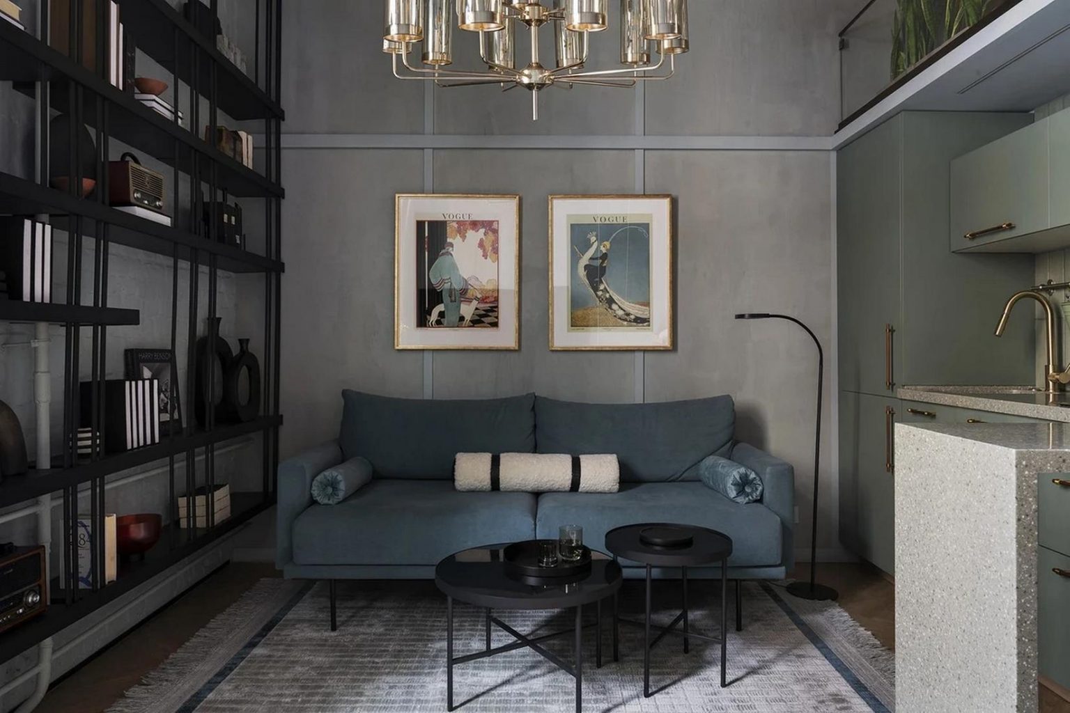 cuisine ouverte et salon et mezzanine studio atypique de 29m2 décoration colorée et vintage