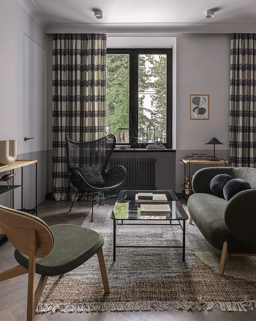 salon deux-pièces 49m2 décoration contemporaine noire et kaki