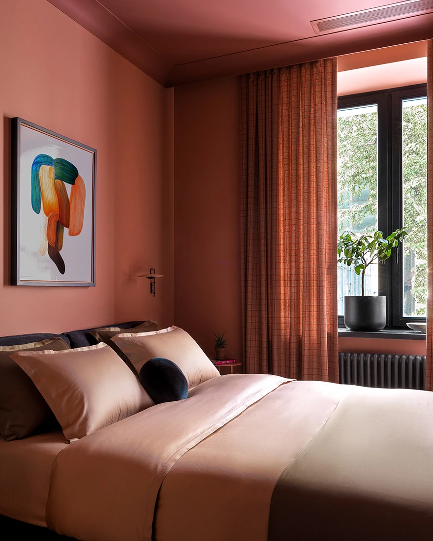 chambre murs et plafond terracotta deux-pièces 49m2 décoration contemporaine