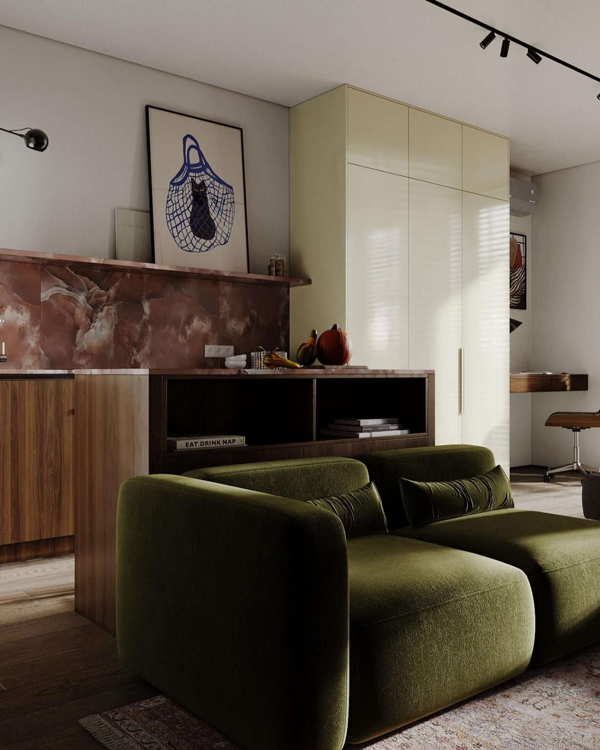 salon avec canapé vert et cuisine décoration style mid-century moderne studio de 33m2