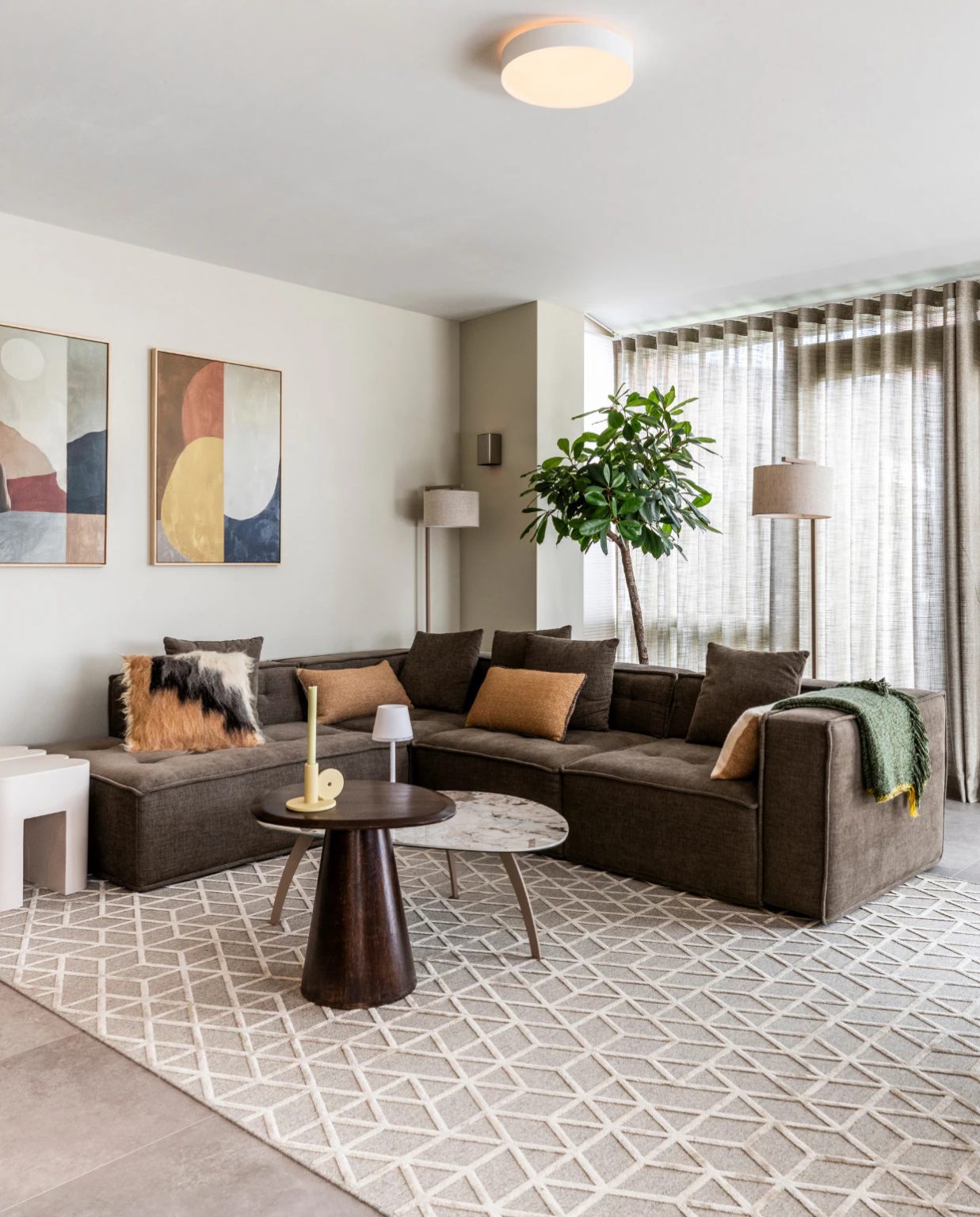 salon décoration contemporaine avec canapé d'angle marron