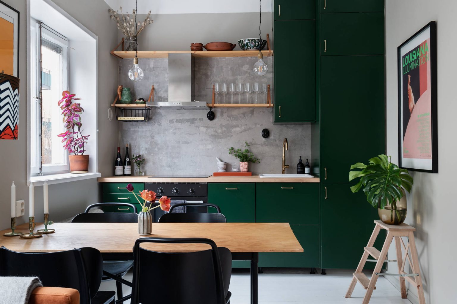 cuisine ouverte verte studio 33m2 décoration scandinave