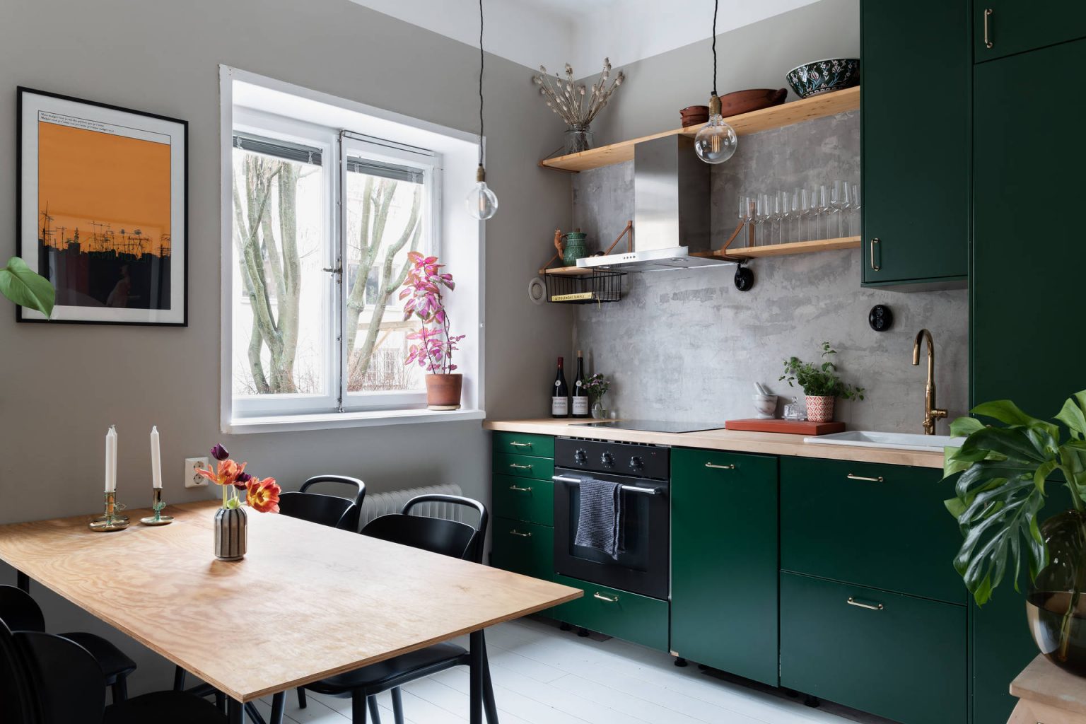 cuisine ouverte verte studio 33m2 décoration scandinave