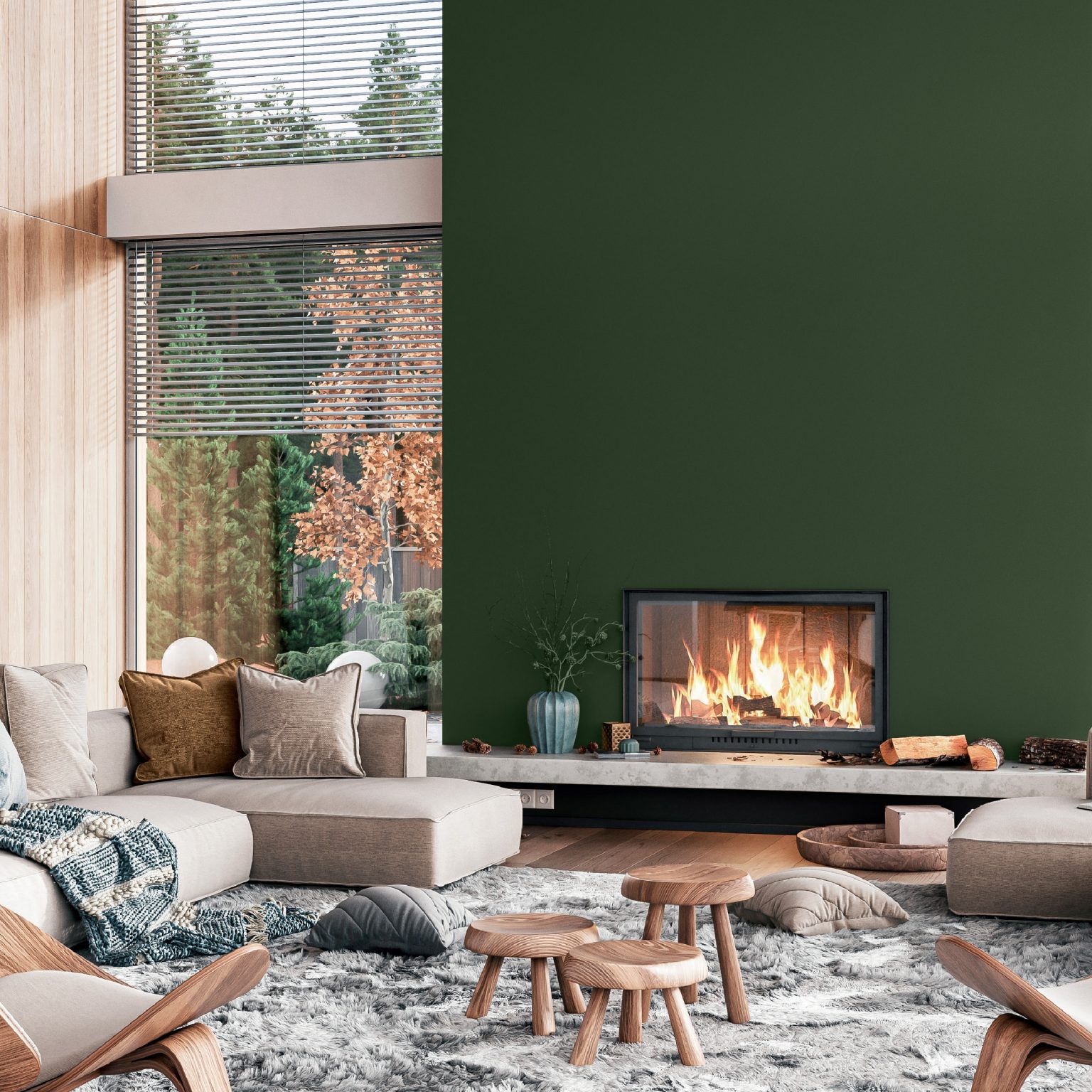 salon décoration contemporaine avec cheminée mur vert sapin