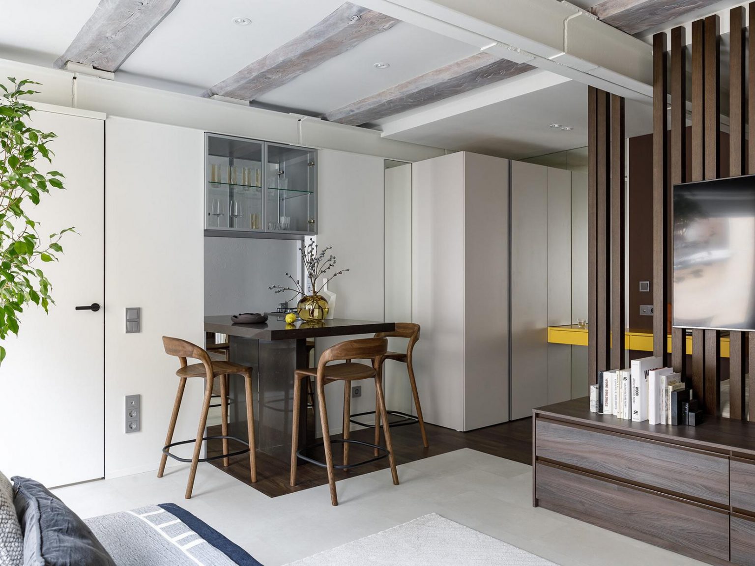 salon et espace chambre séparé dans studio 35m2 décoration contemporaine