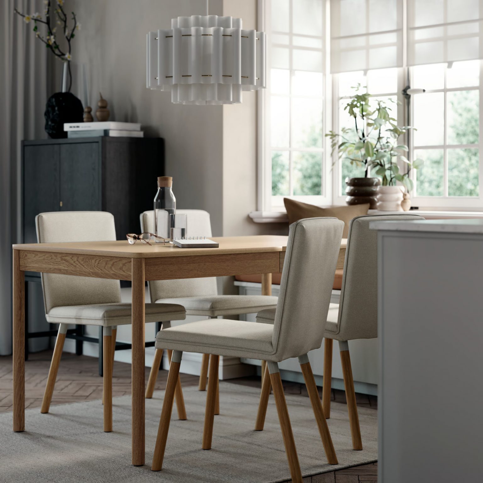 salle à manger contemporaine chêne et tissu gris