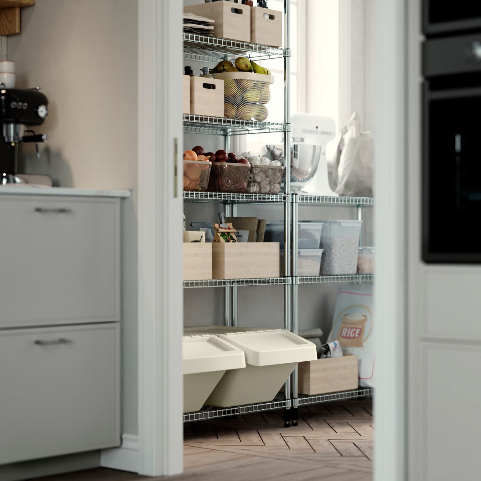 arrière-cuisine pantry cuisine IKEA design et zen modèle METOD ASPUDDEN gris clair