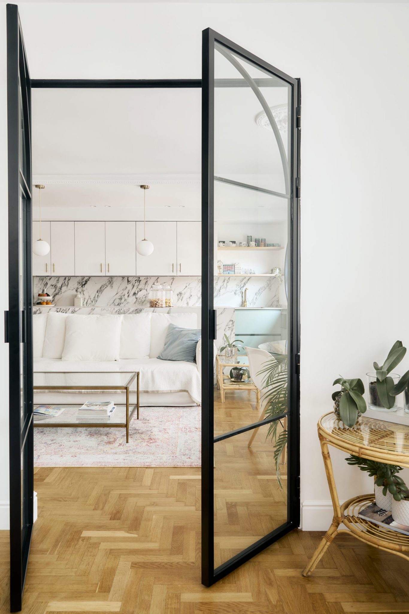 salon décoration contemporaine avec cuisine ouverte îlot marbre et portes vitrées acier noir