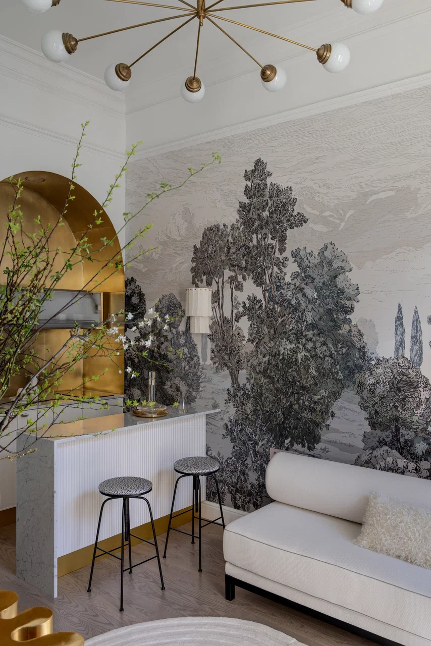 salon design avec papier-peint panoramique et petite cuisine appartement 48m2 décoration contemporaine