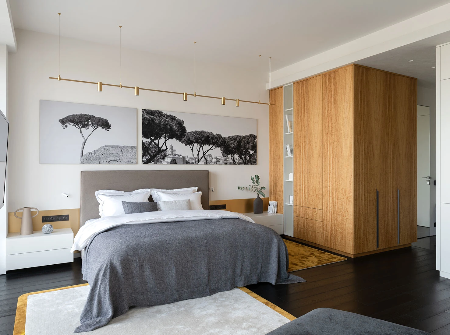 espace chambre ouvert studio 45m2 décoration design grise et jaune moutarde