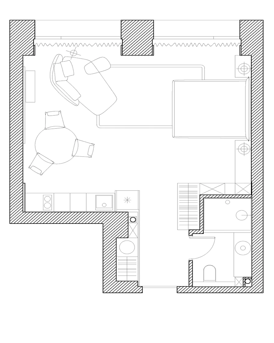 plan studio 45m2 décoration design grise et jaune moutarde