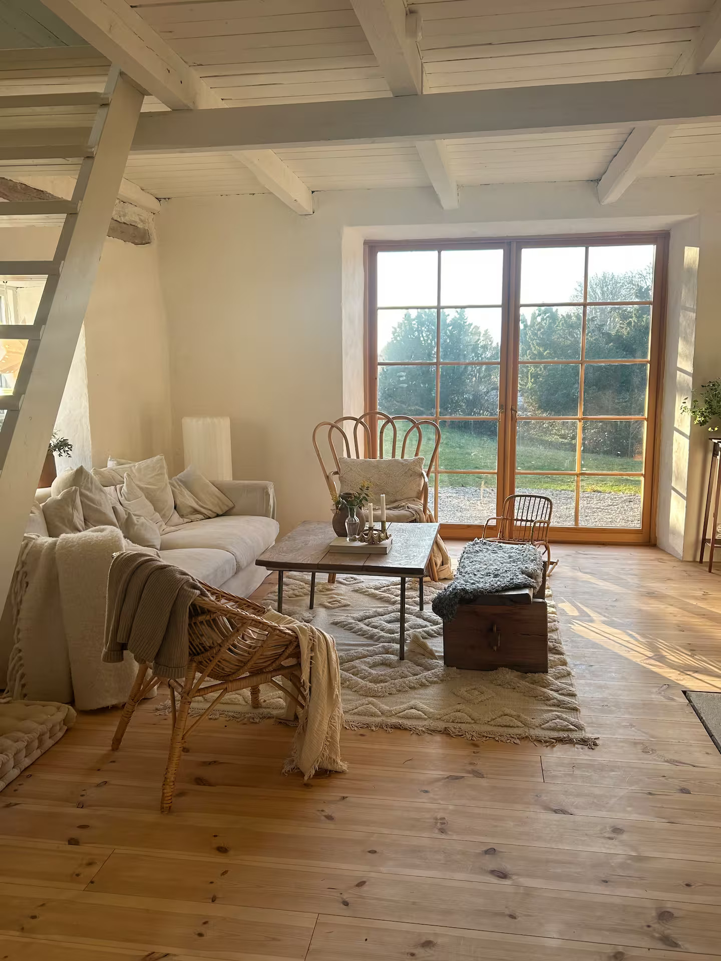 salon maison rustique avec poutres décoration scandinave