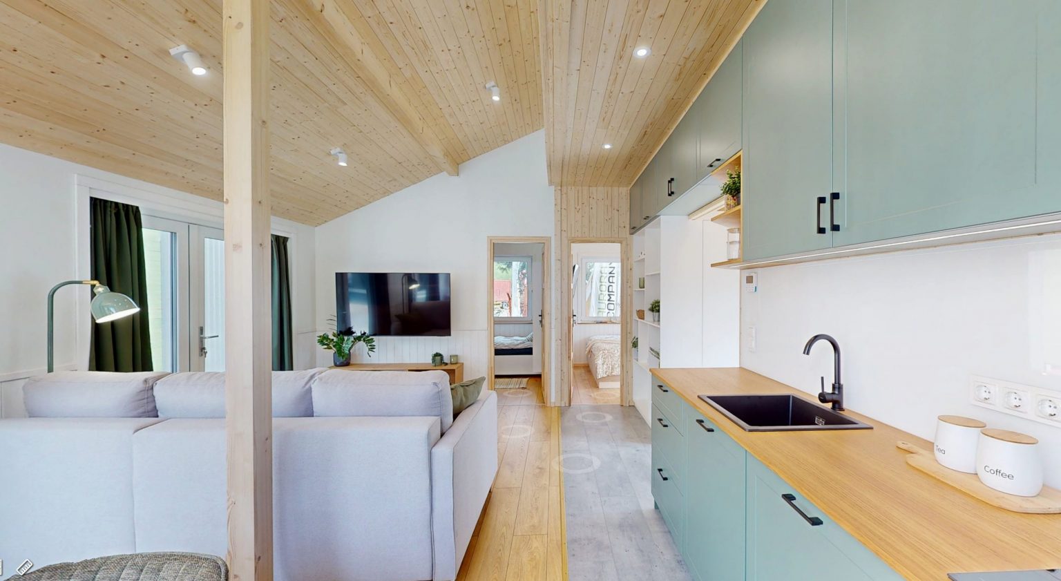 salon visite virtuelle petite maison 41m2 livrable en Europe Evergreen par Vagabond Haven