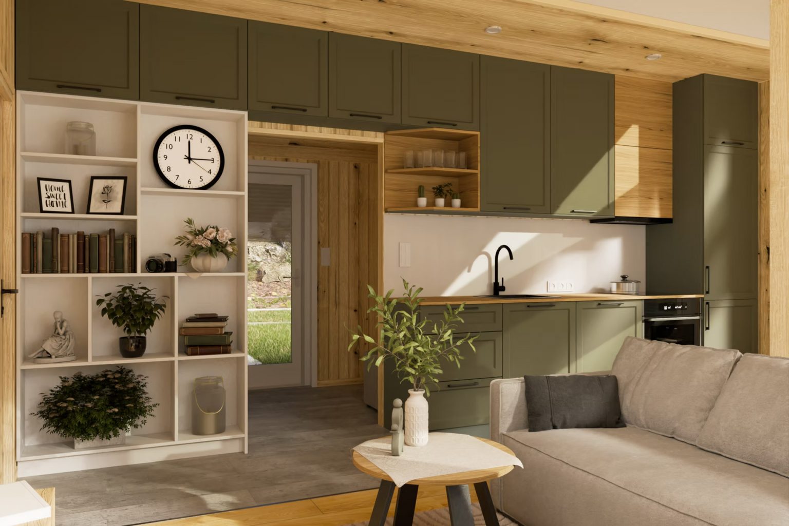 salon et cuisine verte petite maison 41m2 livrable en Europe Evergreen par Vagabond Haven