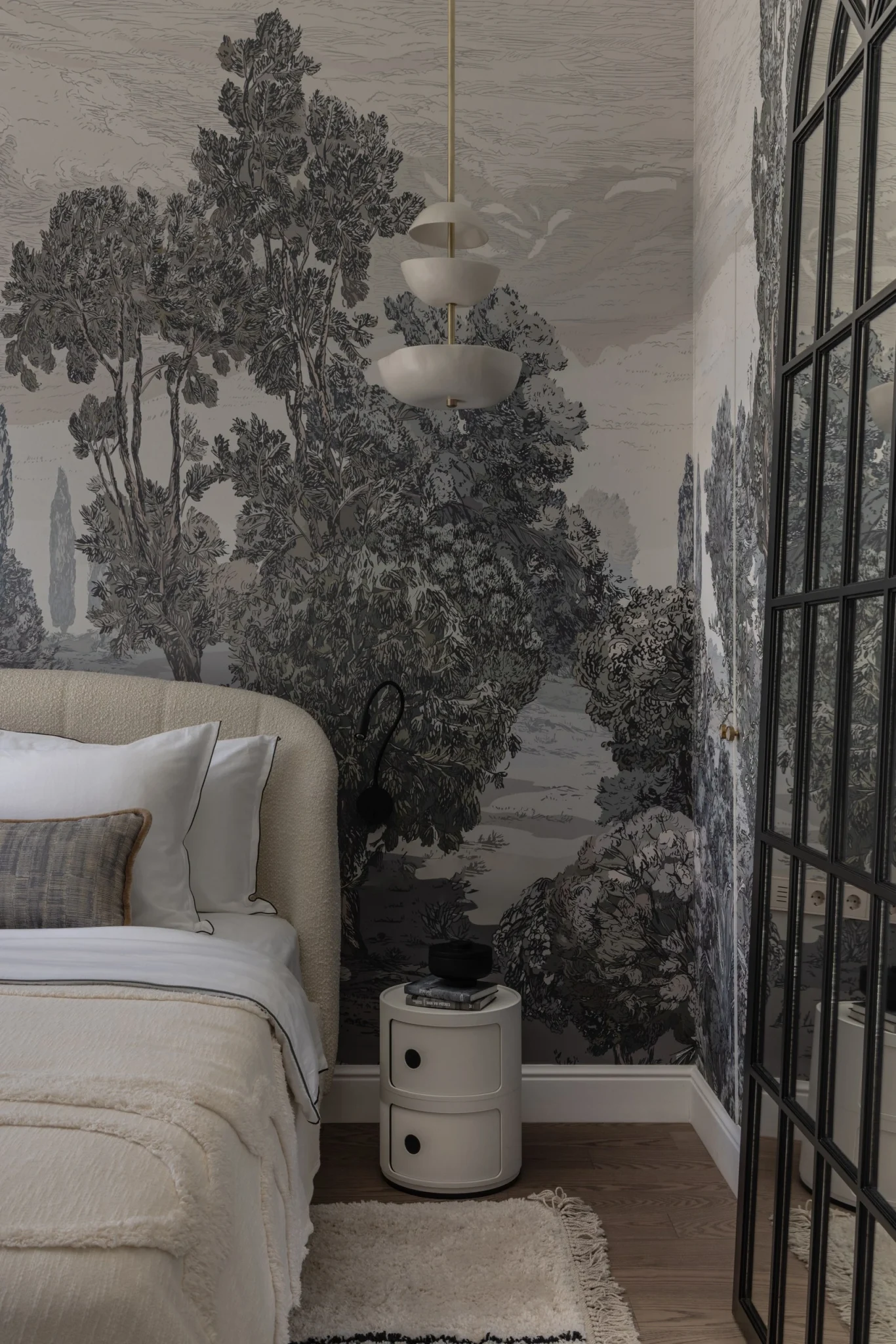 chambre avec papier-peint panoramique appartement 48m2 décoration contemporaine