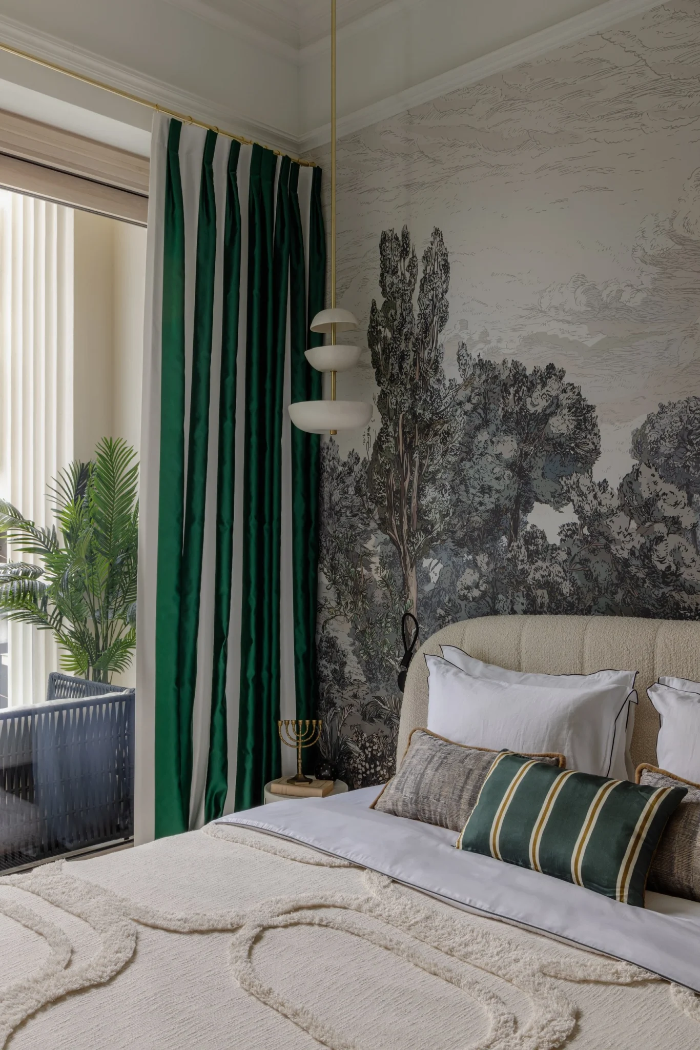 chambre avec papier-peint panoramique appartement 48m2 décoration contemporaine