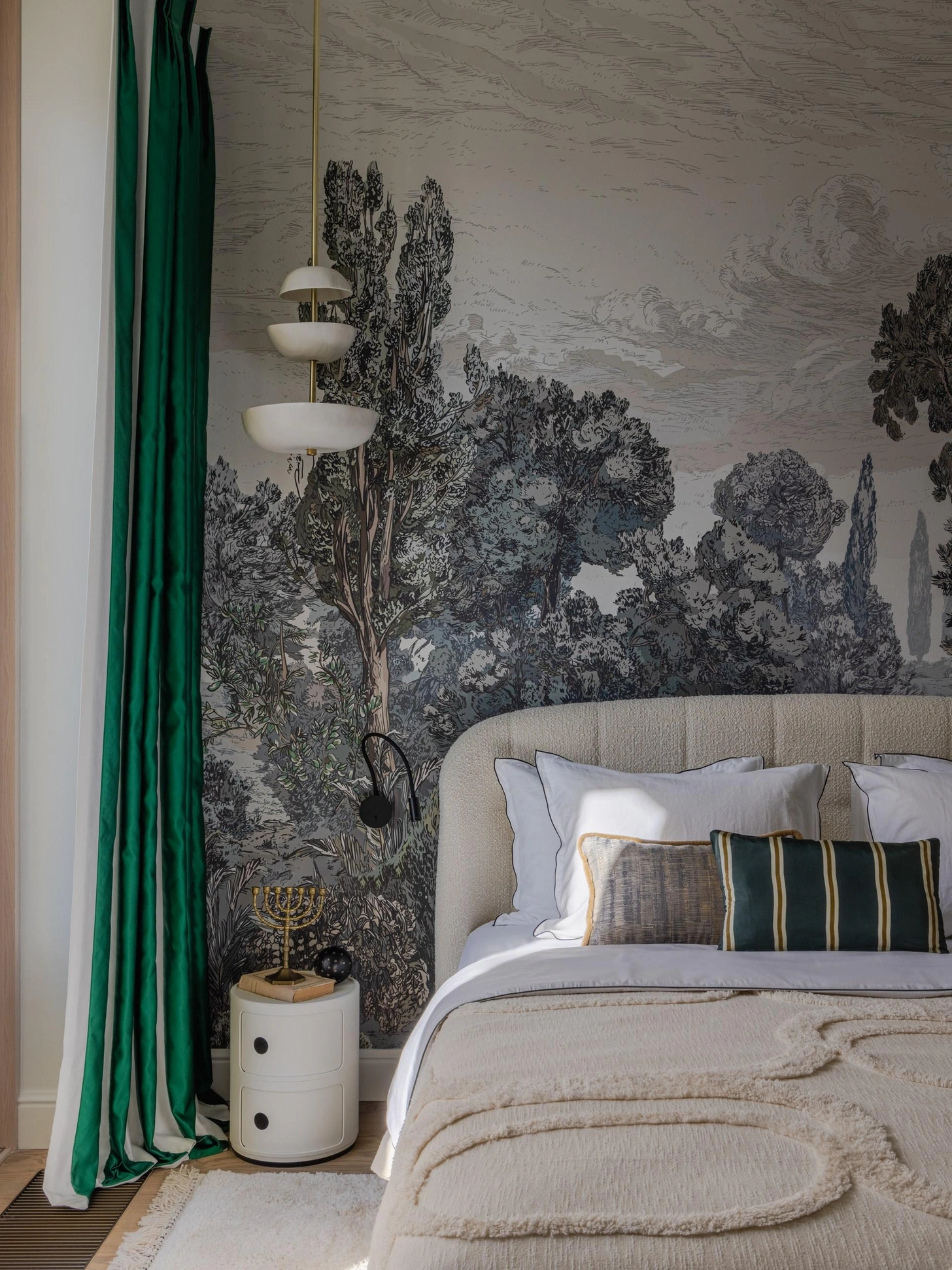 chambre avec papier-peint panoramique appartement 48m2 décoration contemporaine