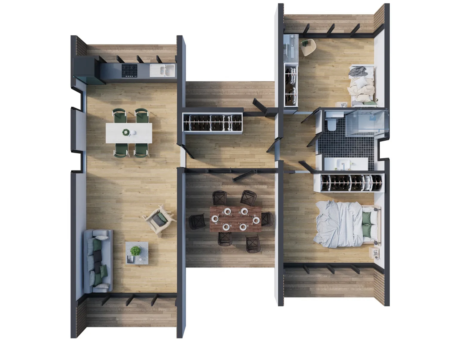 plan 3D maison de 88m2 préfabriquée en bois modèle Helsinki de Ilumhouse