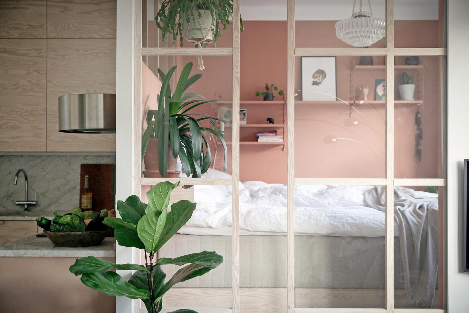 cuisine studio 48m2 et coin nuit séparé fermé par cloison en bois vitrée