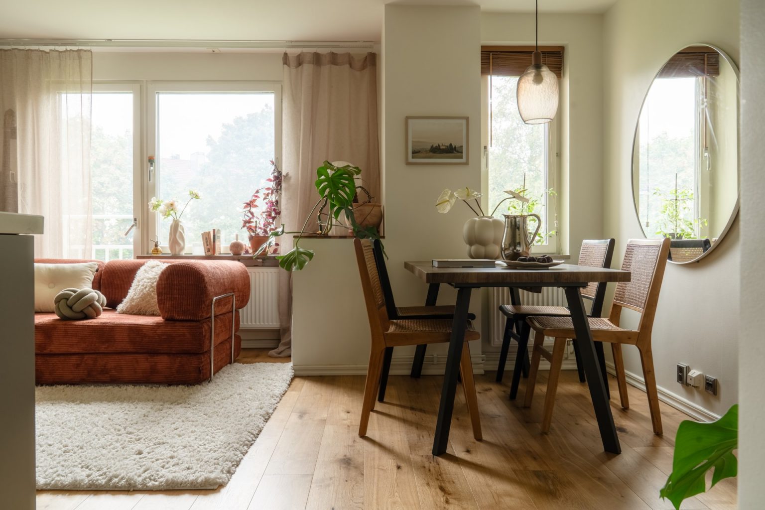 salon et salle à manger décoration scandinave colorée deux-pièces 46m2