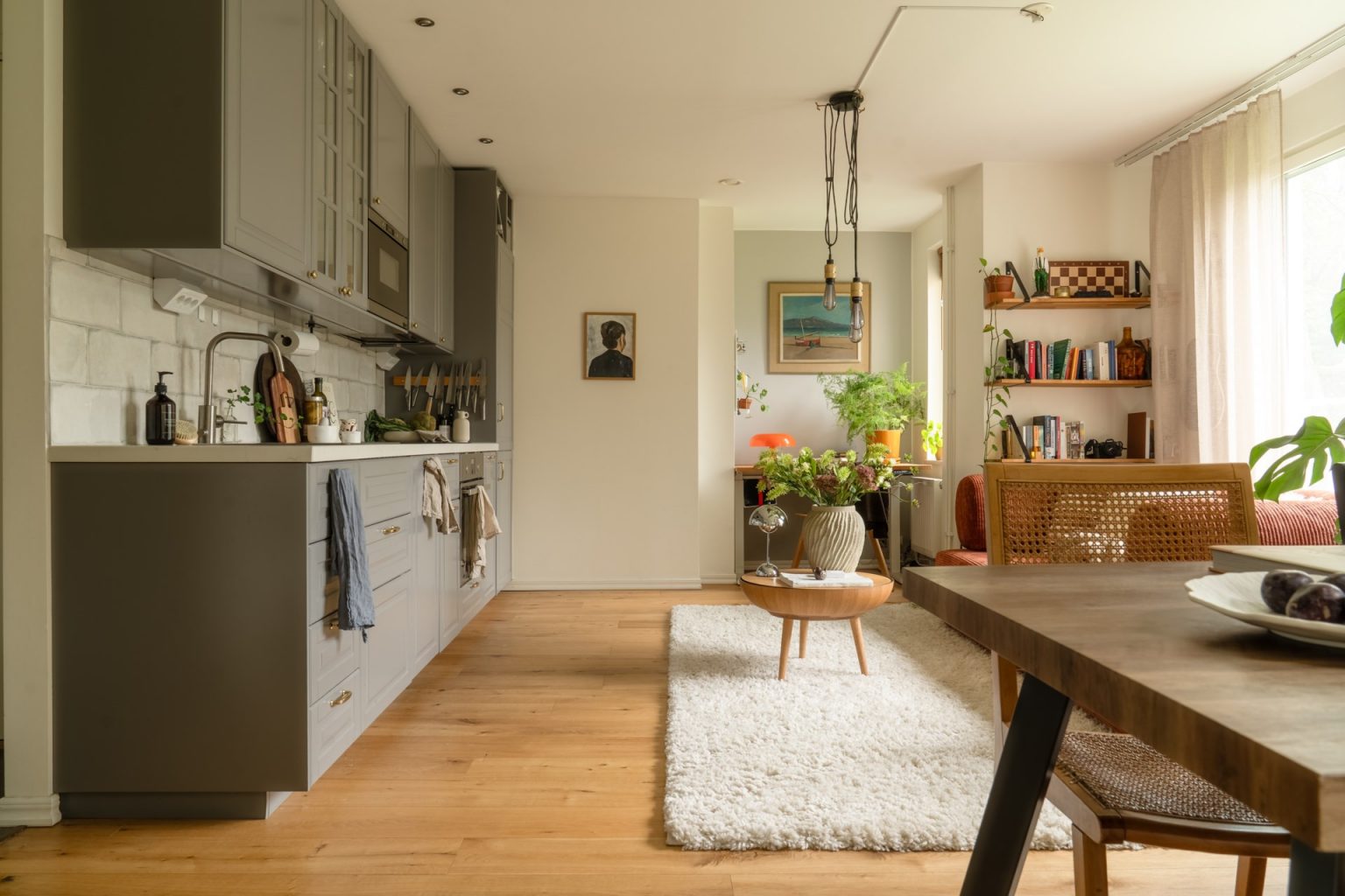 cuisine ouverte gris shaket salon et salle à manger décoration scandinave colorée deux-pièces 46m2