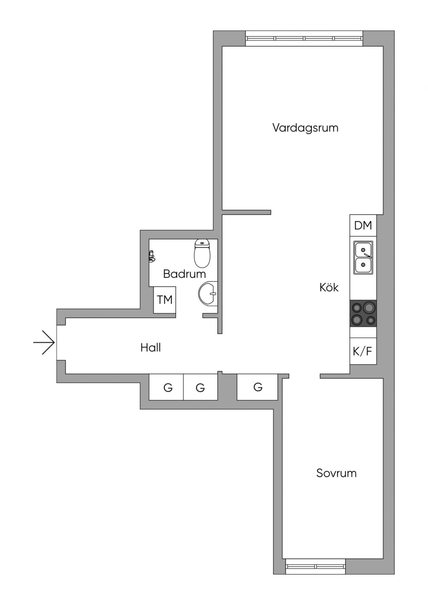 plan deux-pièces vintage de 44m2 style scandinave mid-century