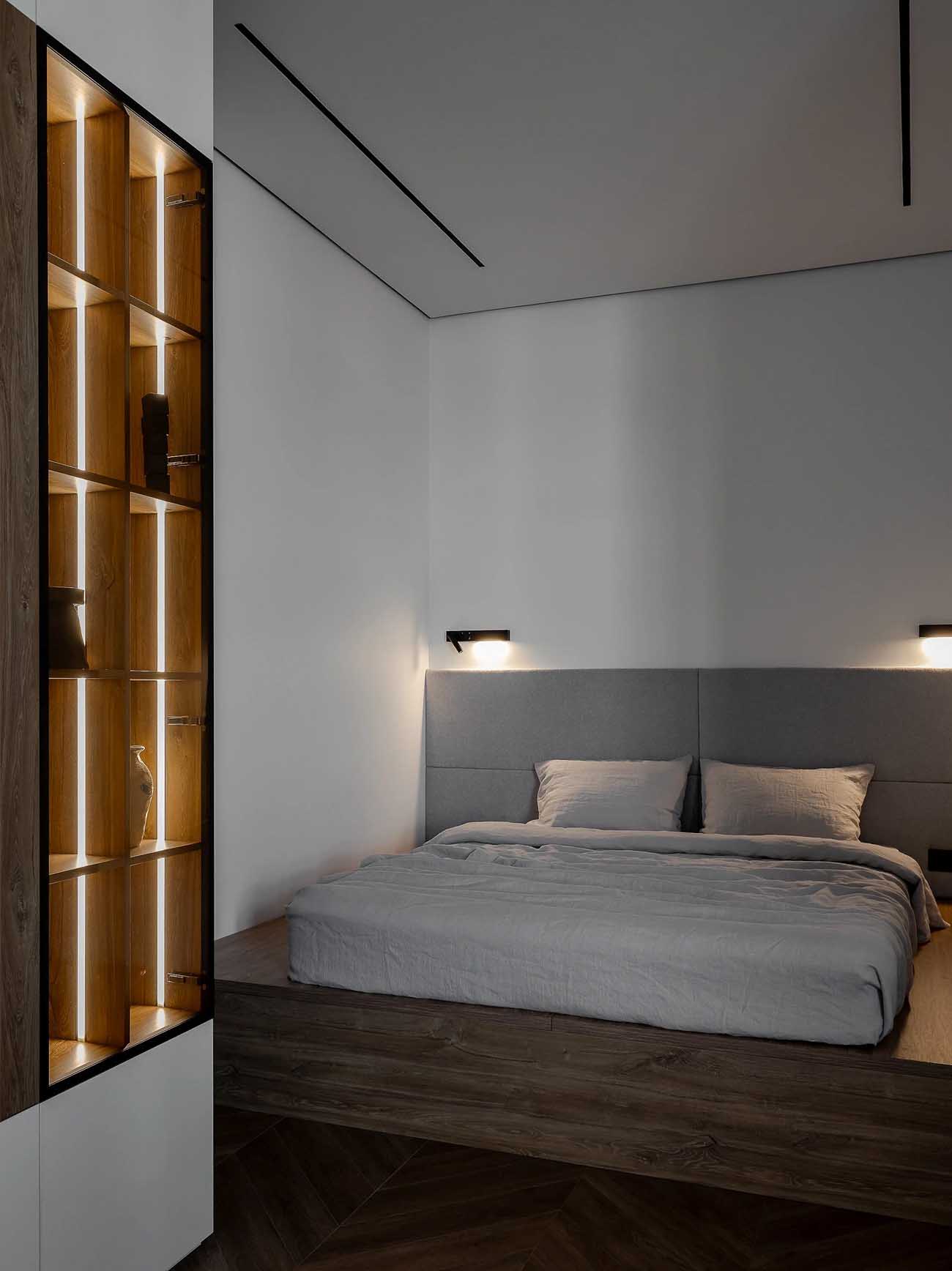 espace chambre sur estrade grand studio 47m2 avec dressing décoration contemporaine