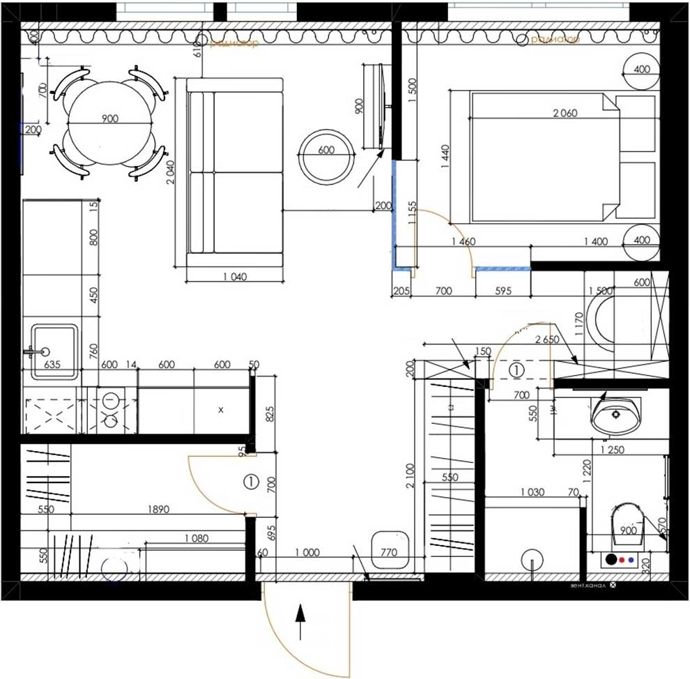plan deux-pièces 32m2 moderne