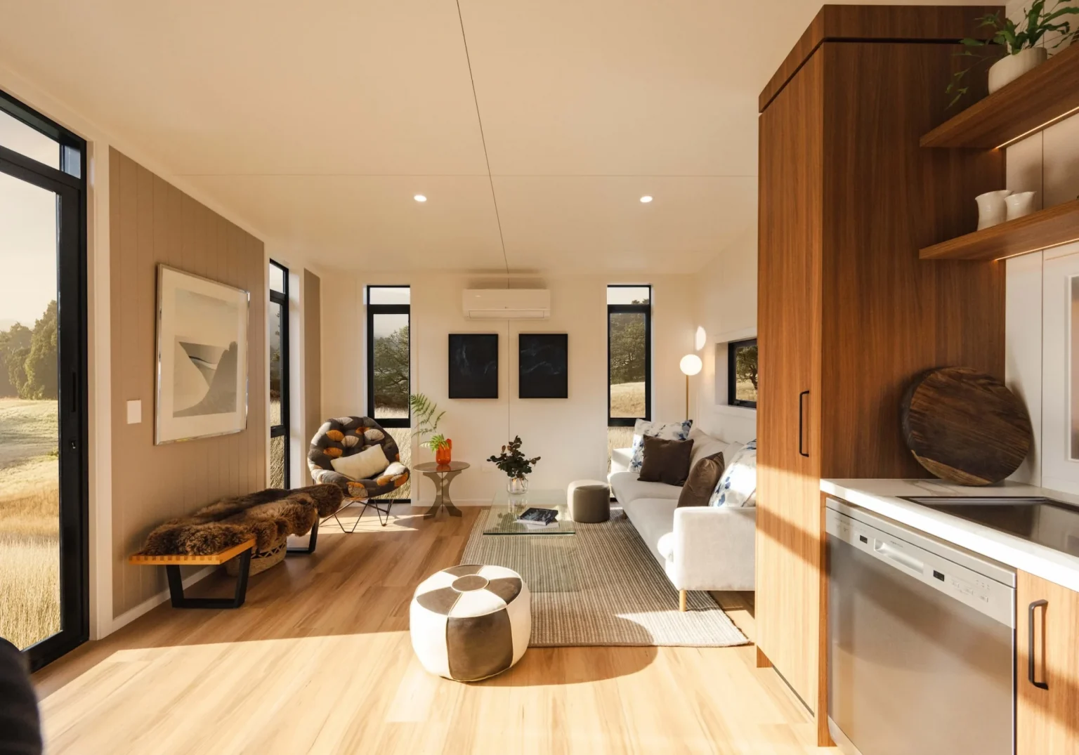 cuisine et salon décoration contemporaine mini maison 48m2 Abel par South Base Tiny Homes