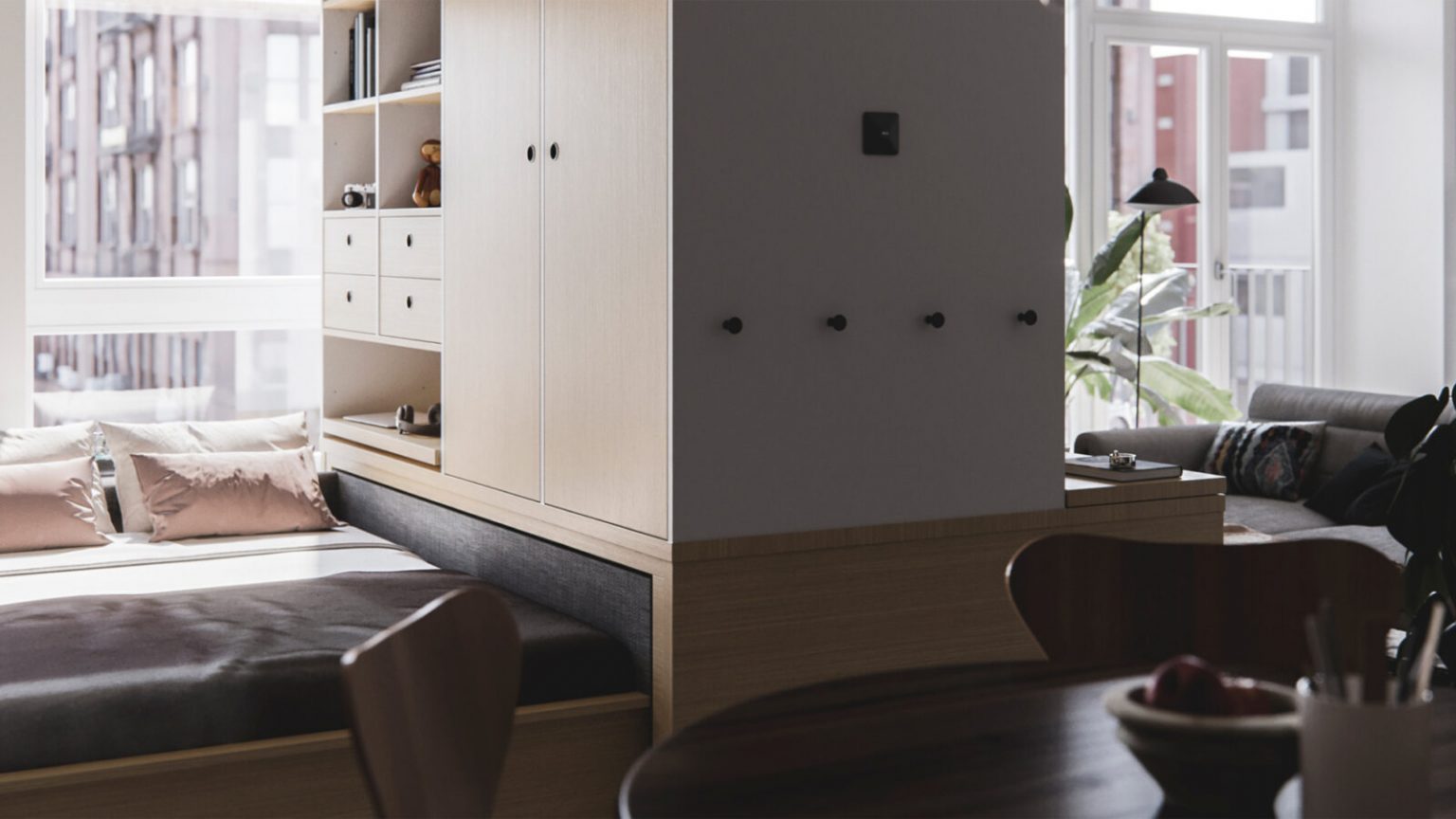 studio aménagé avec meuble coulissant pour séparé coin nuit