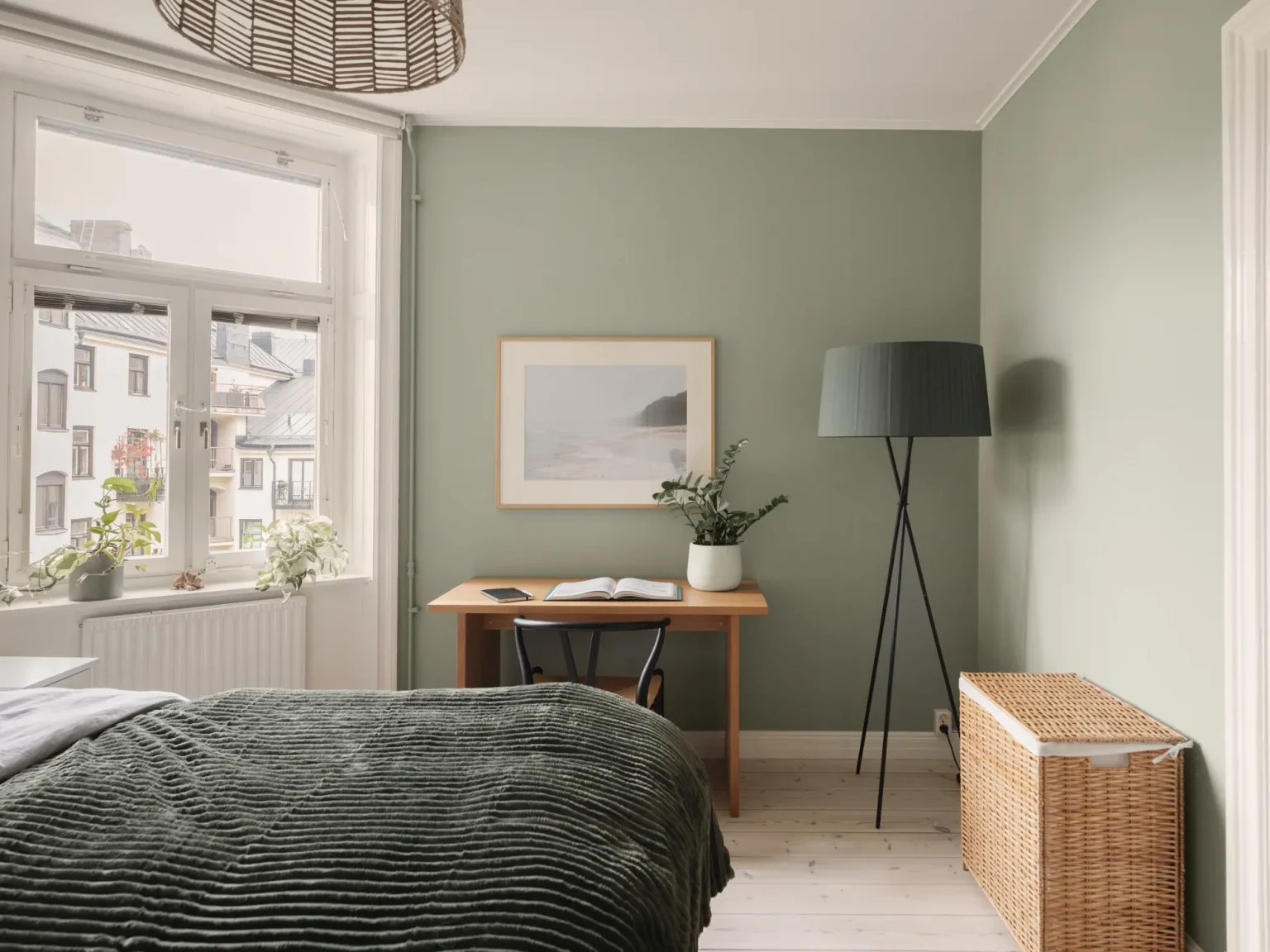 chambre murs verts décoration contemporaine scandinave