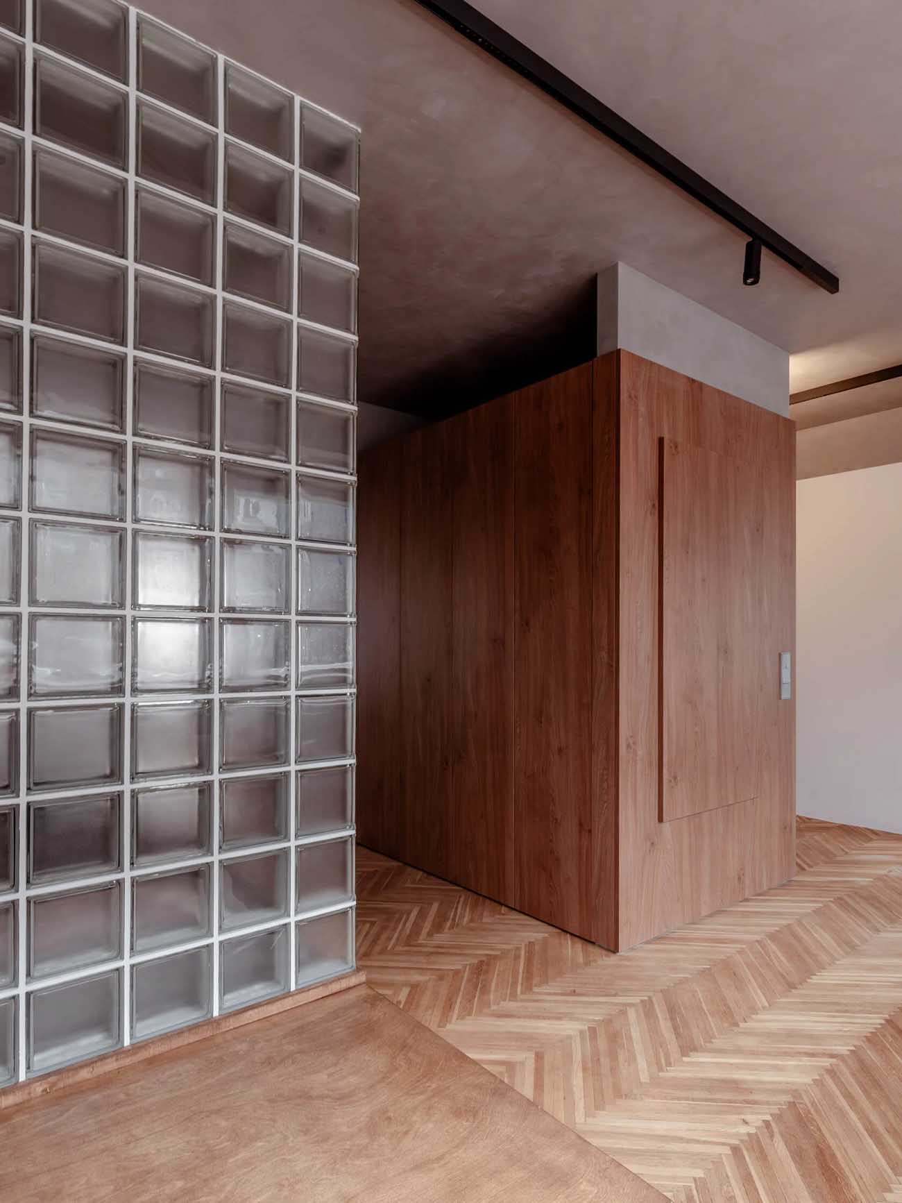 salon avec cloison pavé de verre pour séparer zone chambre studio 40m2 décoration contemporaine bois et gris