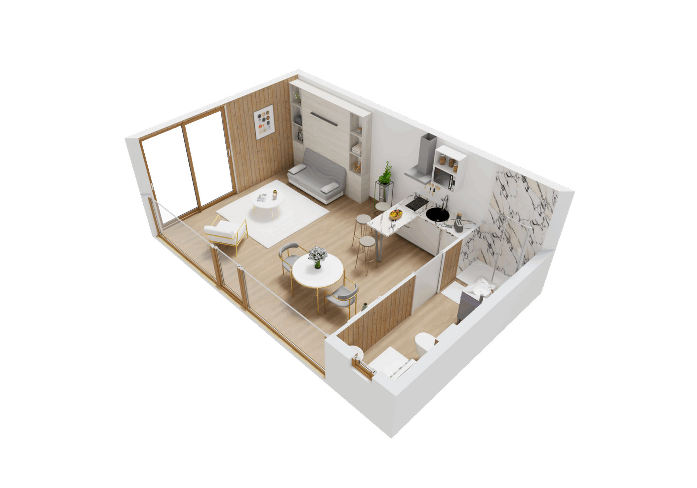 plan 3D tiny house française Auréa 20m2