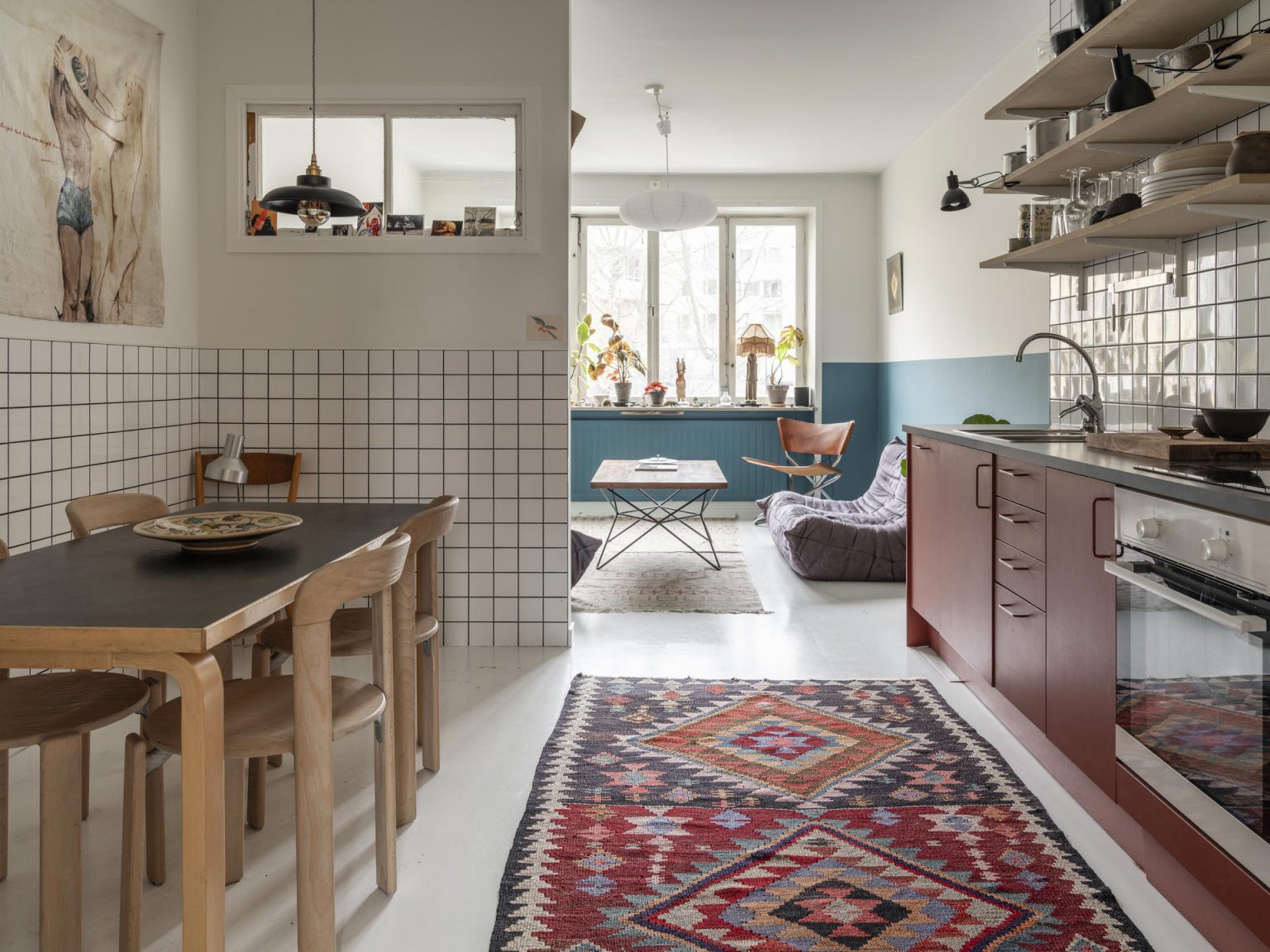 salon et cuisine deux-pièces vintage de 44m2 style scandinave mid-century