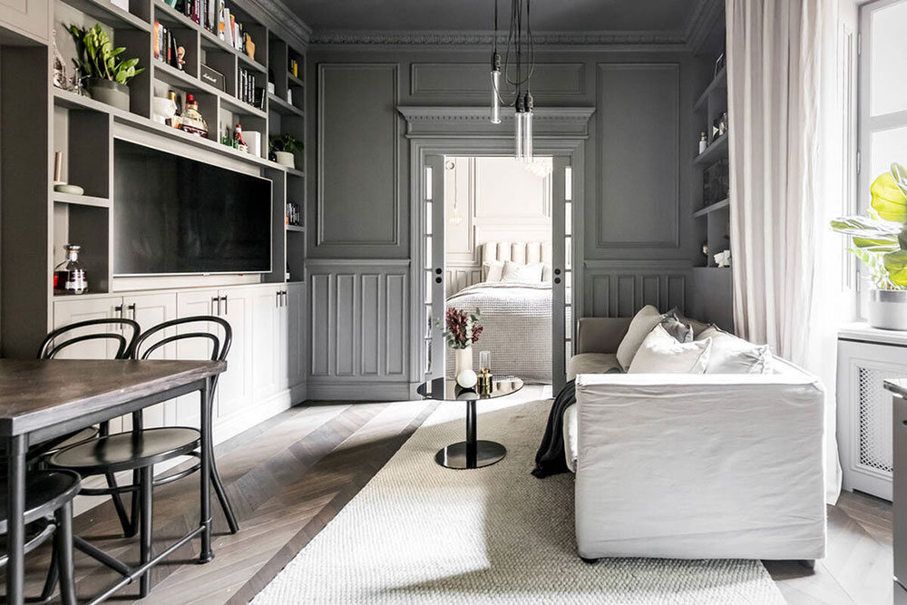 chambre et salon avec moulures anciennes décoration grise scandinave et contemporaine deux-pièces 39m2 chambre et salon avec moulures anciennes décoration grise scandinave et contemporaine deux-pièces 39m2