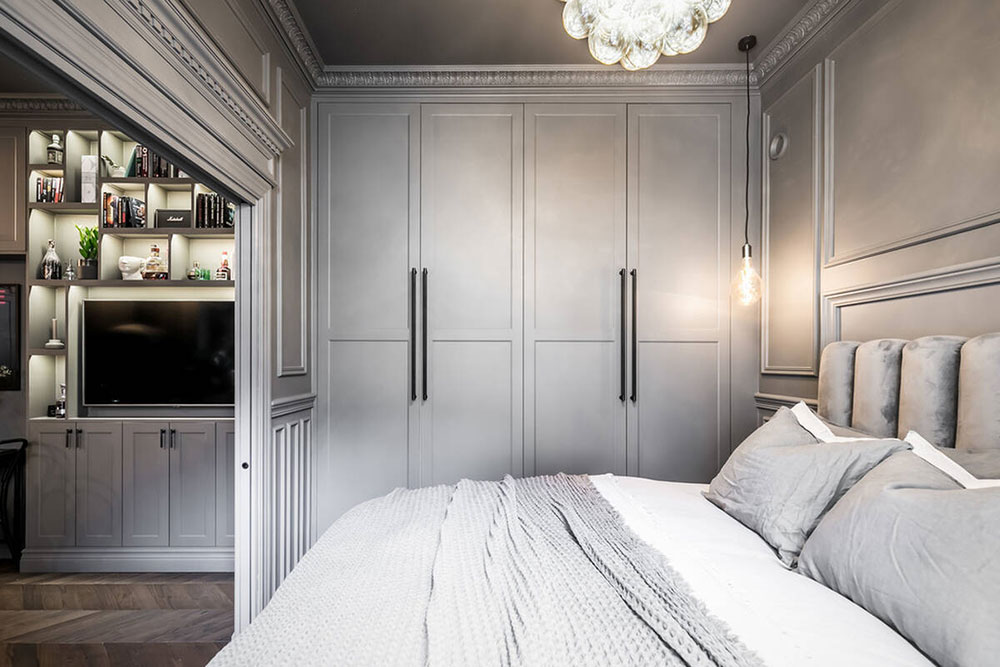 chambre avec moulures anciennes décoration grise scandinave et contemporaine deux-pièces 39m2 chambre avec moulures anciennes décoration grise scandinave et contemporaine deux-pièces 39m2