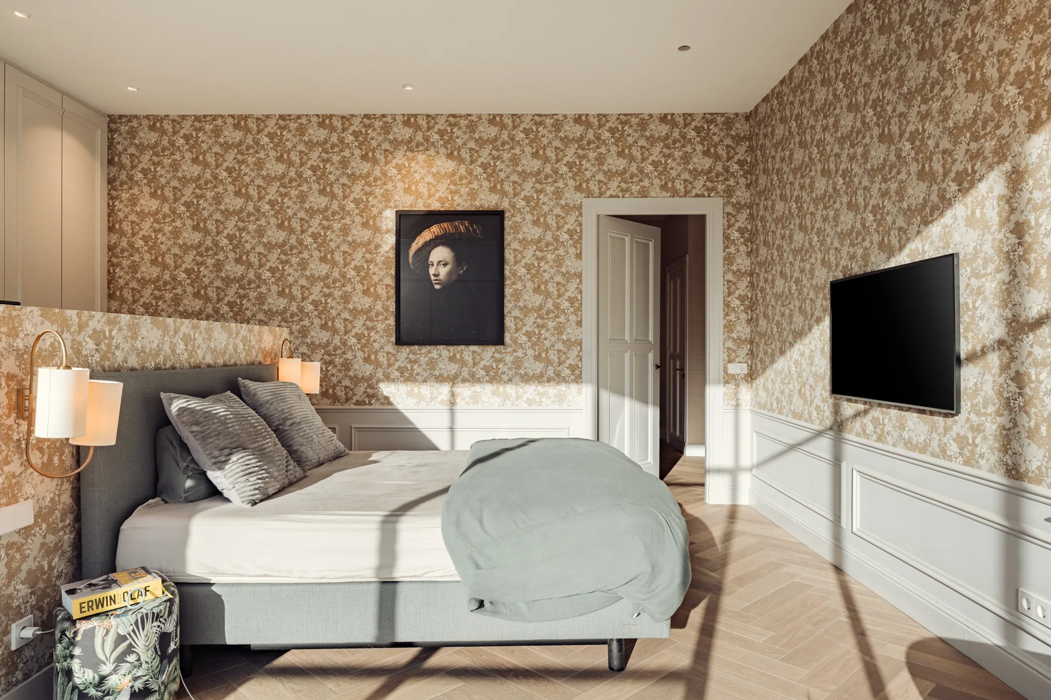 chambre papier-peint végétal décoration contemporaine dressing en tête de lit chambre papier-peint végétal décoration contemporaine dressing en tête de lit