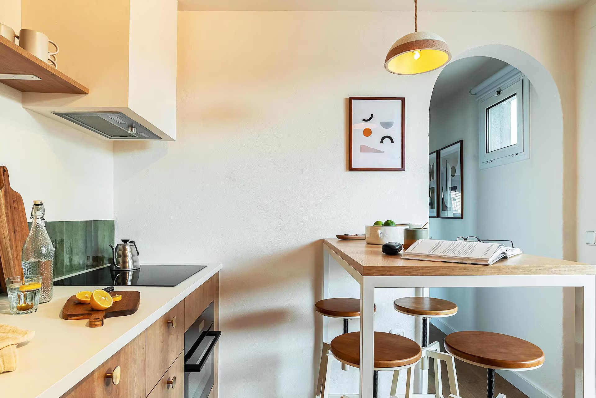 wooden kitchen with breakfast nook contemporary decor rooftop apartment with a terrace Barcelona wooden kitchen with breakfast nook contemporary decor rooftop apartment with a terrace Barcelona